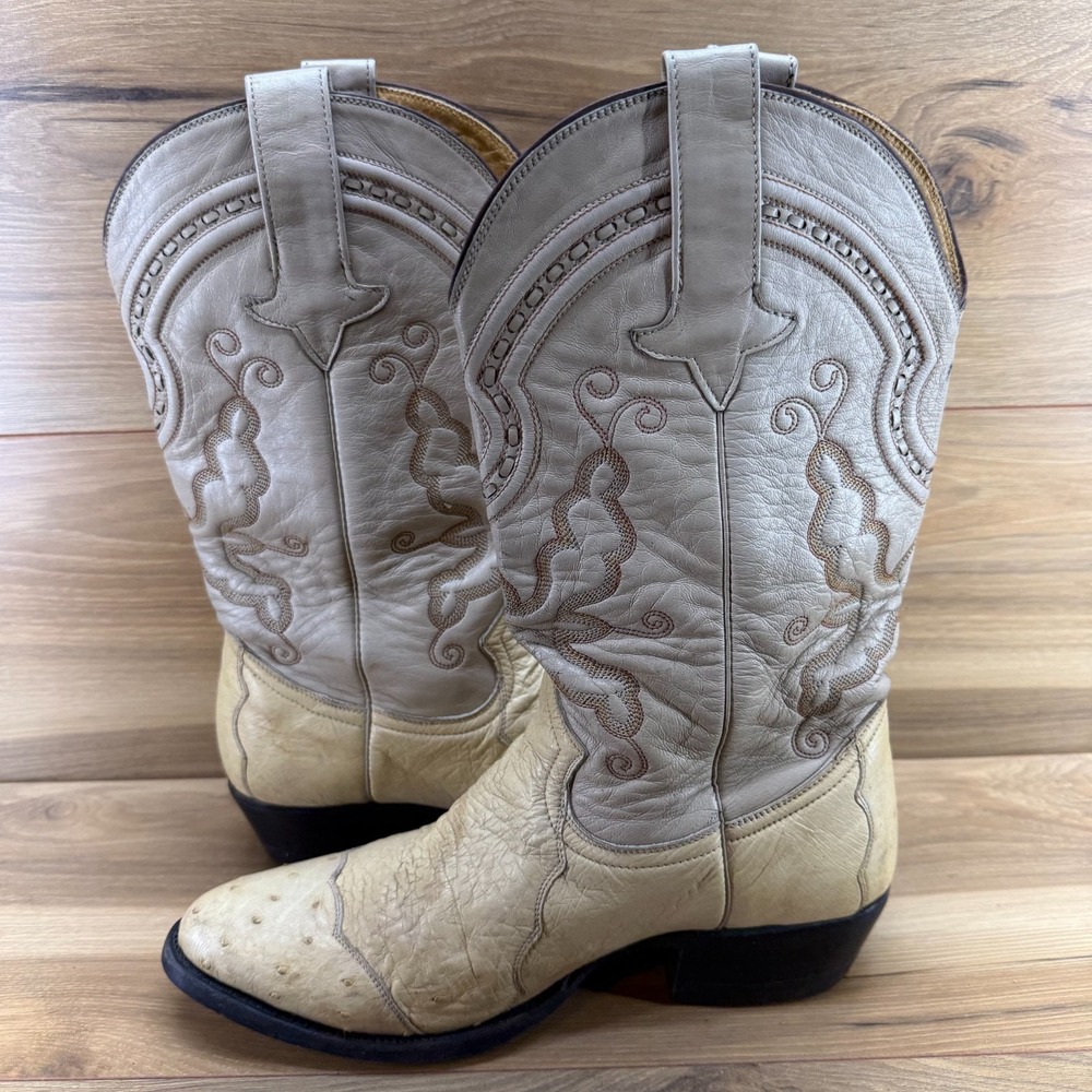 GAVEL Ostrich Leather Beige Western Boots Mens 9.5 EE Vintage Exotic Cowboy - Picture 6 of 12